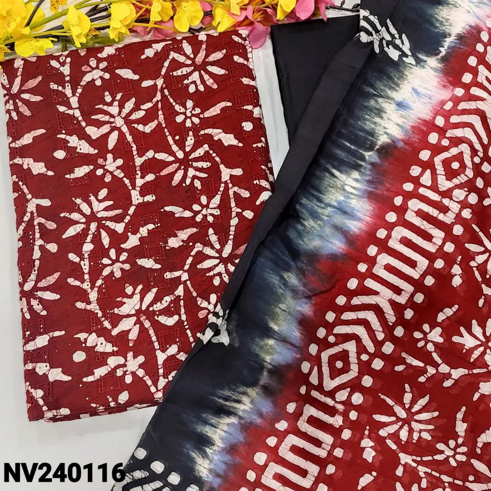 CODE NV240116: Reddish maroon original batik dyed cotton unstitched salwar material embroidered& cut work