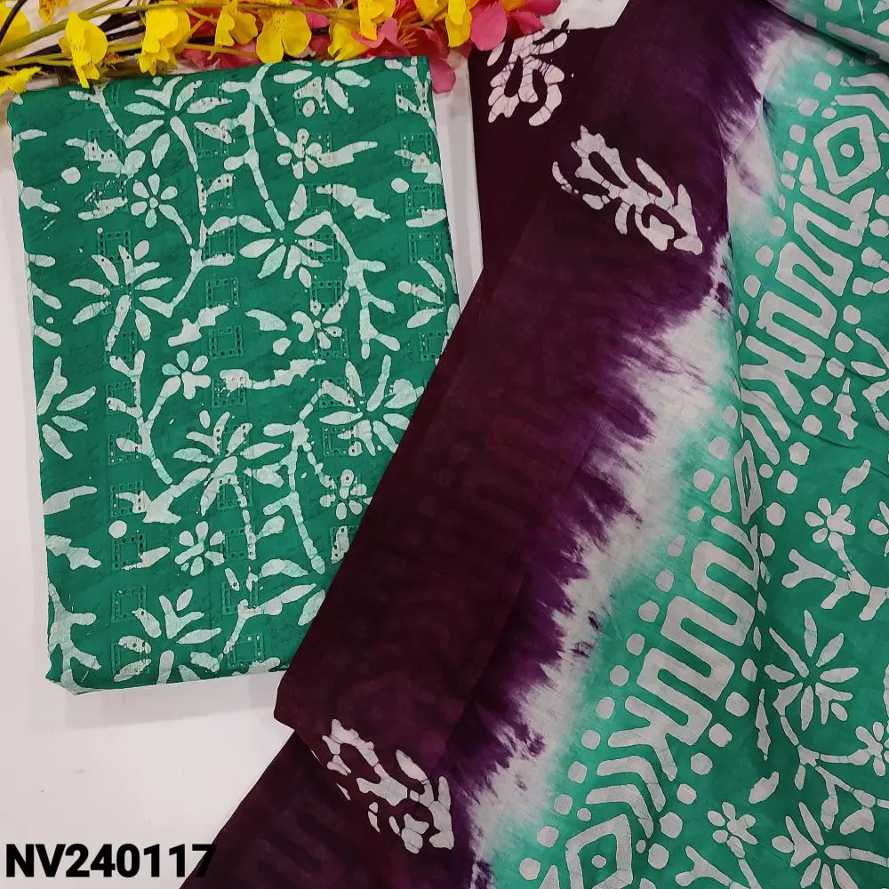 CODE NV240117: Bright turquoise green original batik dyed cotton unstitched salwar material embroidered& cut work