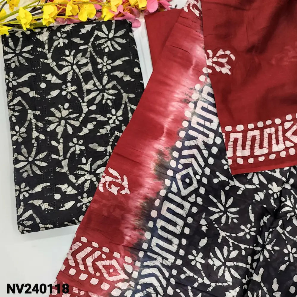CODE NV240118: Black original batik dyed cotton unstitched salwar material embroidered& cut work on front(lining