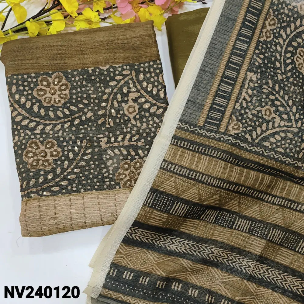 CODE NV240120: Olive green jute silk unstitched salwar material printed thread& sequins work on front(thin fabric