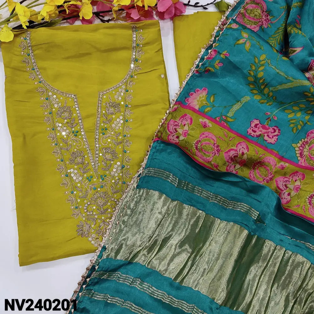 CODE NV240201: Mehandhi yellow designer pure dola silk unstitched salwar material zardozi& sequin work on yoke(lining