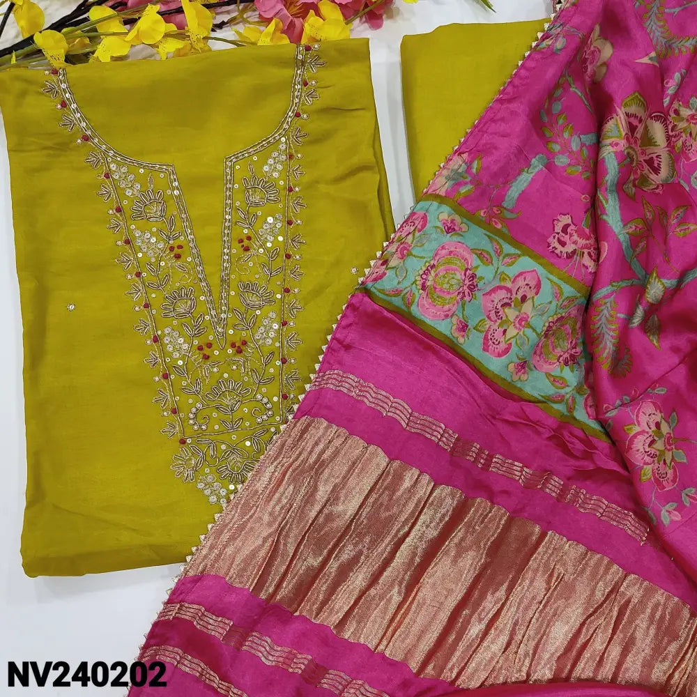 CODE NV240202: Mehandhi yellow designer pure dola silk unstitched salwar material zardozi& sequin work on yoke(lining