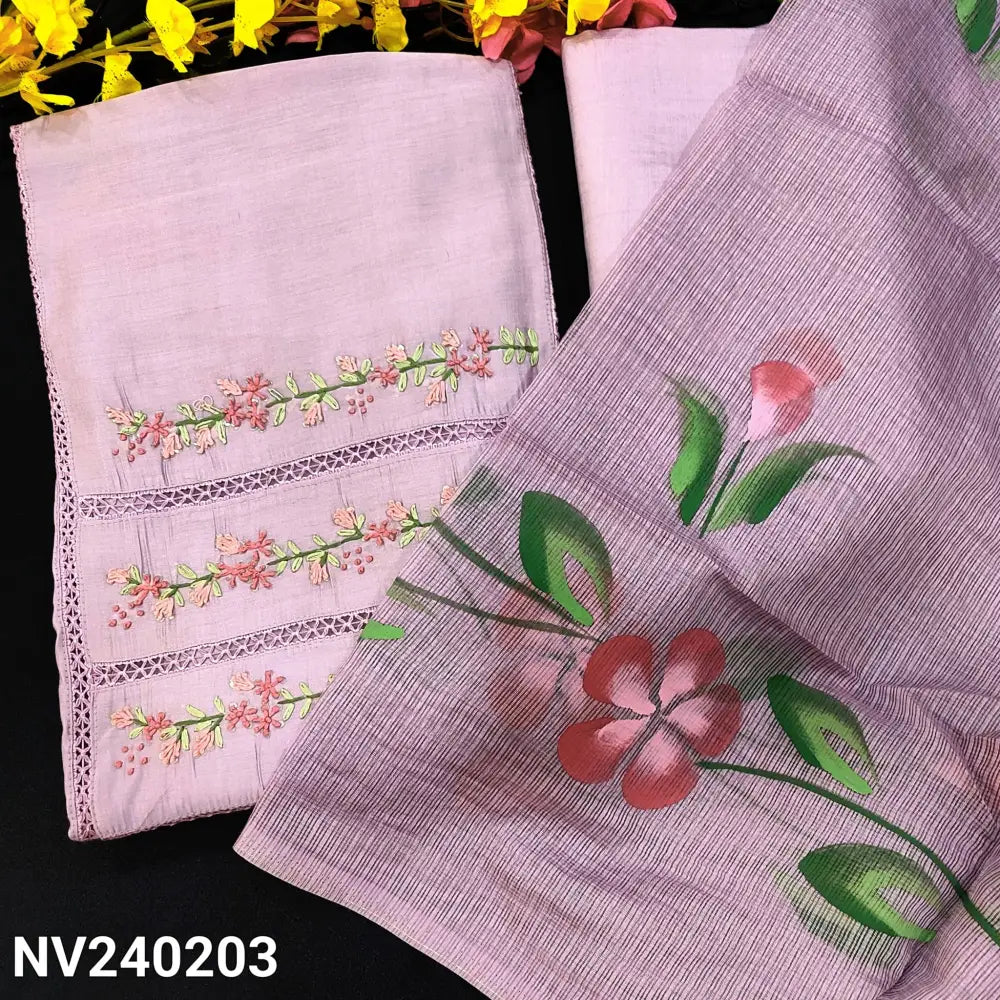 CODE NV240203: Lavender premium soft silk cotton unstitched salwar material rich embroidered &cut work on yoke(soft