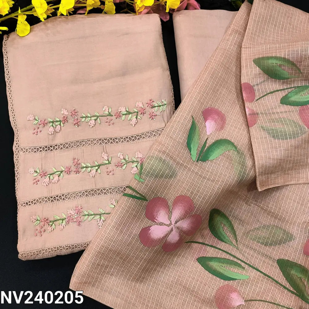 CODE NV240205: Pale pink premium soft silk cotton unstitched salwar material rich embroidered &cut work on yoke(soft