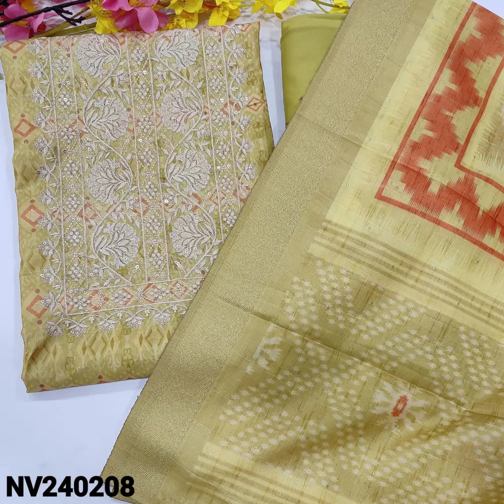 CODE NV240208: Light green digital printed semi gicha unstitched salwar material rich embroidered on yoke& front(thin
