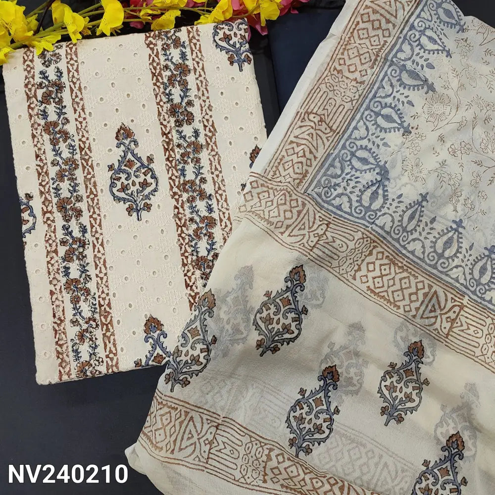 CODE NV240210: Light beige base block printed schiffli embroidered cotton unstitched salwar material(lining needed)dark