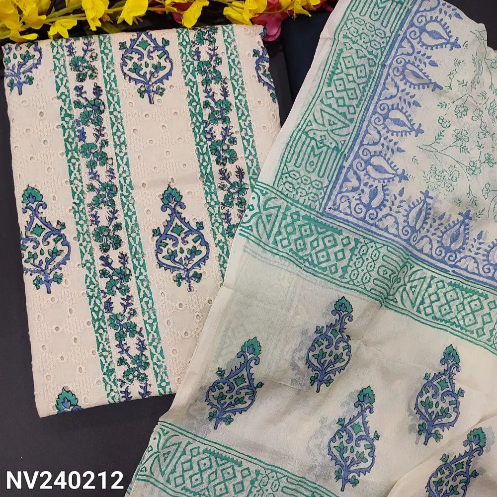 CODE NV240212: Light beige base block printed schiffli embroidered cotton unstitched salwar material(lining needed)blue