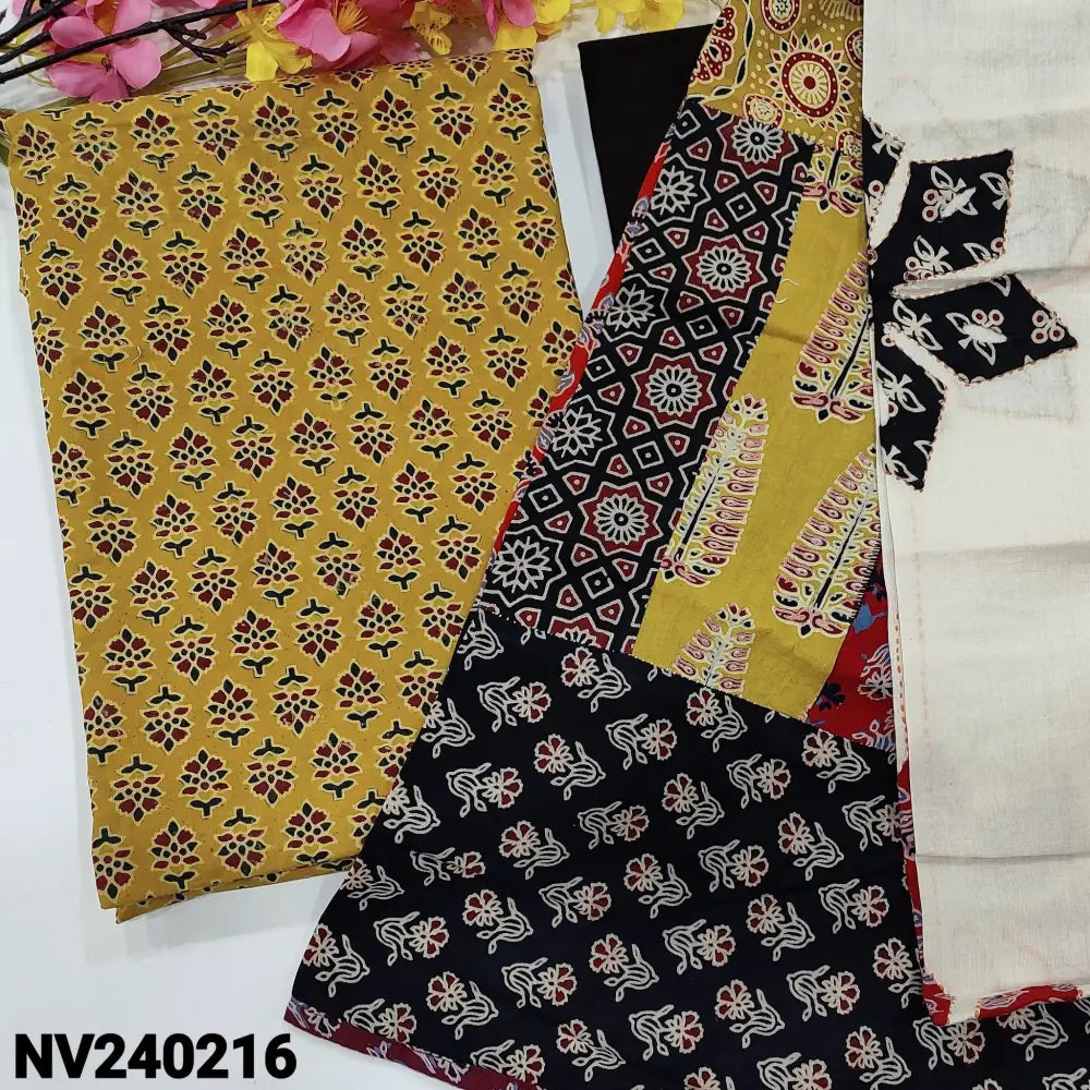 CODE NV240216: Mehandhi yellow ajrak hand block printed pure cotton unstitched salwar material(lining optional)black