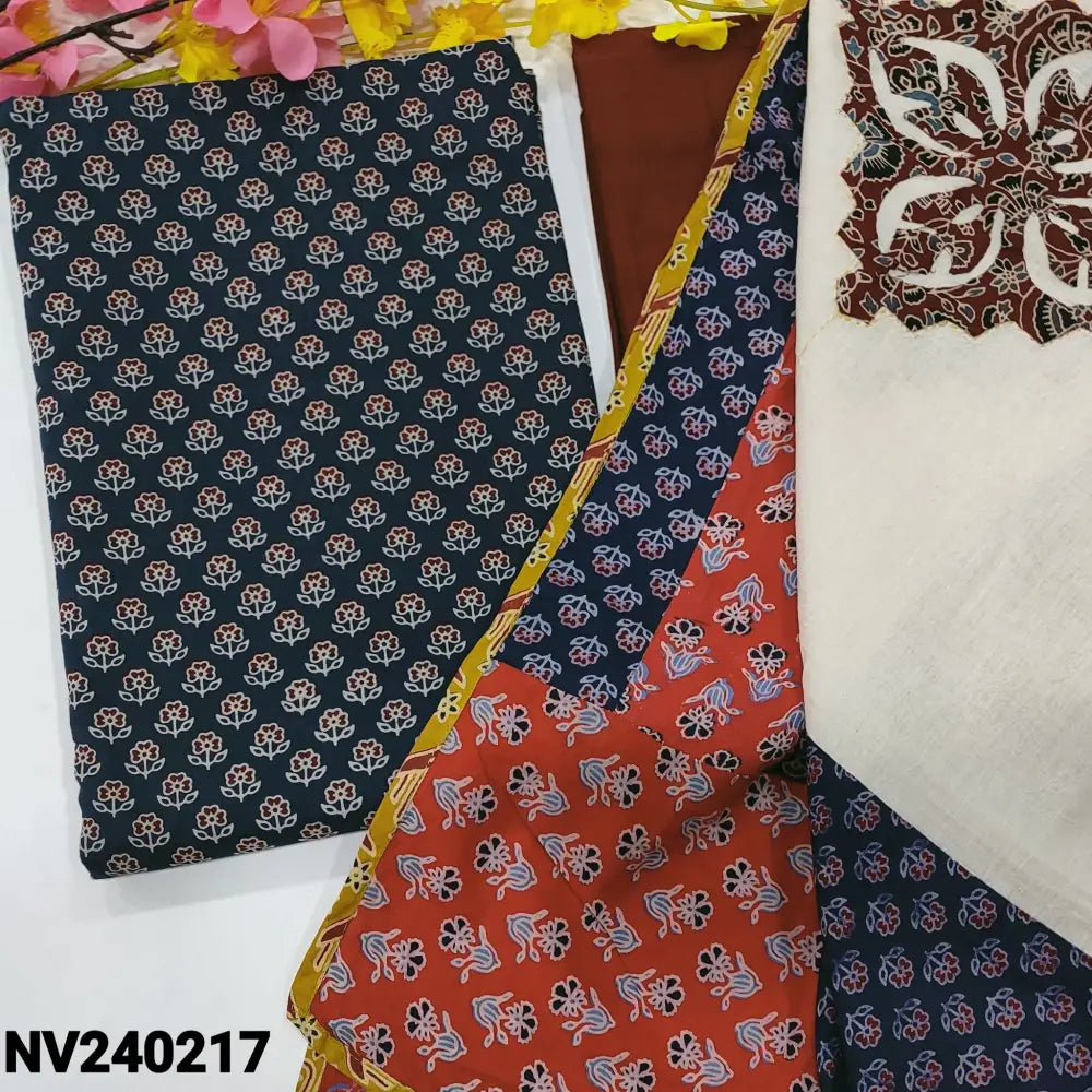CODE NV240217: Blue ajrak hand block printed pure cotton unstitched salwar material(lining optional)maroon pure cotton