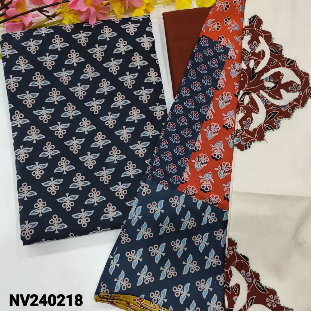 CODE NV240218: Blue ajrak hand block printed pure cotton unstitched salwar material(lining optional)maroon pure cotton