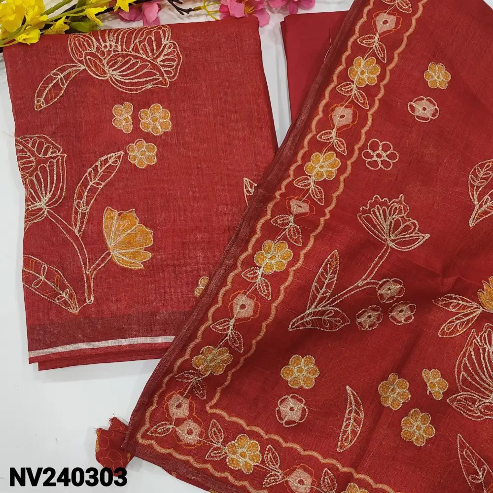 CODE NV240303: Reddish maroon with golden premium tissue linen unstitched salwar material floral printed& zari work