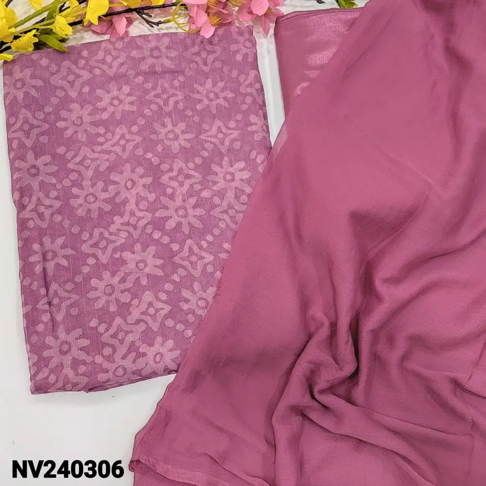 CODE NV240306: Pink semi georgette unstitched salwar material original wax batik &thin zari line all over(thin fabric