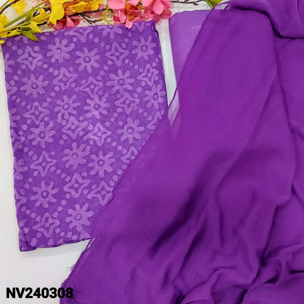 CODE NV240308: Purple semi georgette unstitched salwar material original wax batik &thin zari line all over(thin fabric