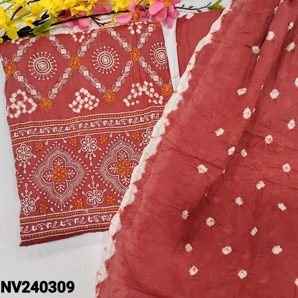CODE NV240309: Dark pink pure cotton unstitched salwar material original bandhini work all over embroidered