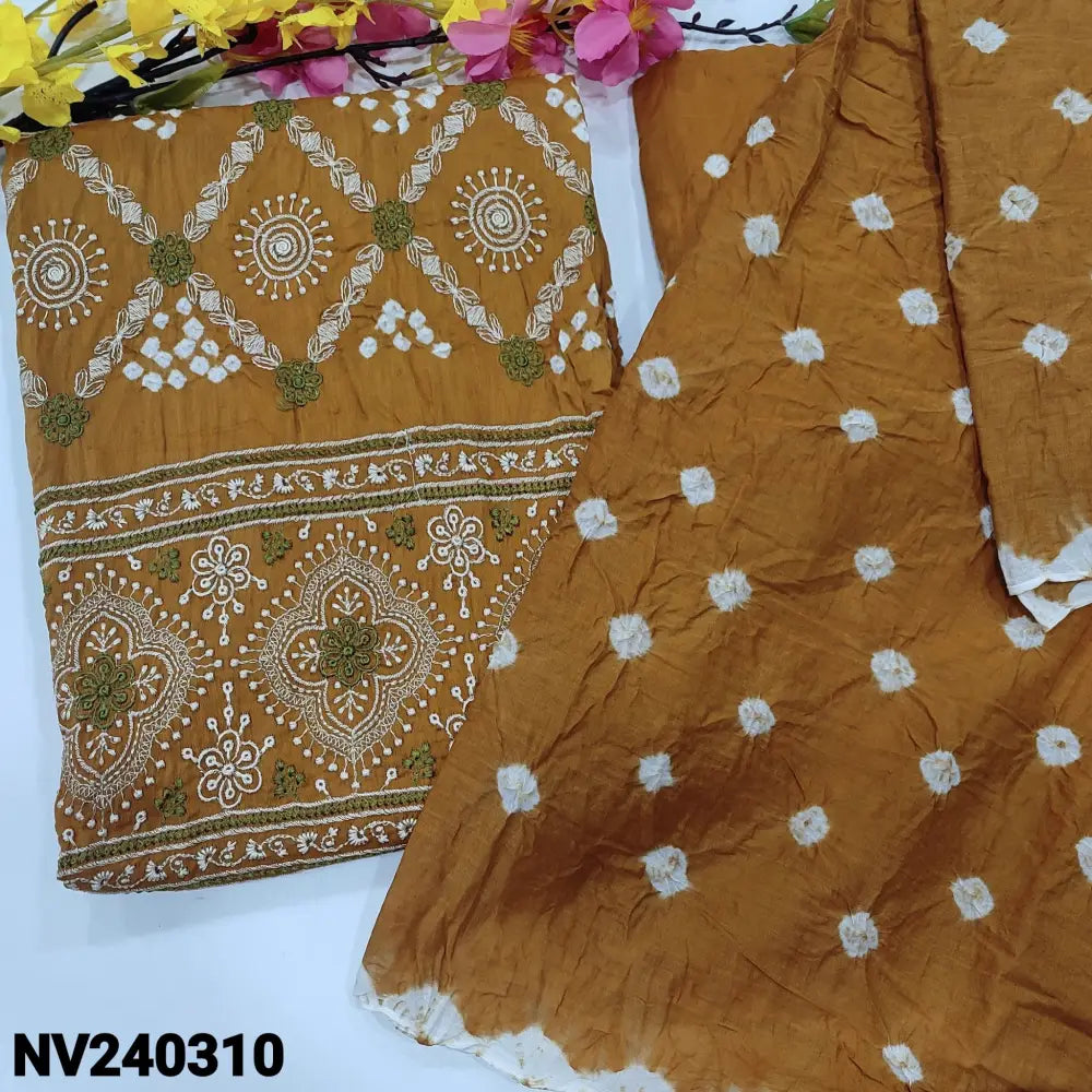 CODE NV240310: Fenugreek yellow pure cotton unstitched salwar material original bandhini work all over embroidered