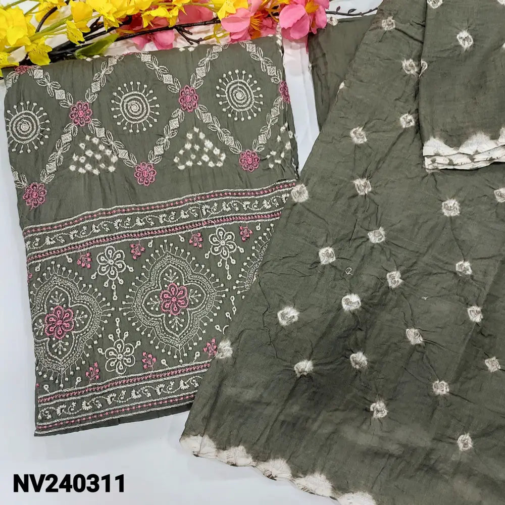 CODE NV240311: Dark grey pure cotton unstitched salwar material original bandhini work all over embroidered