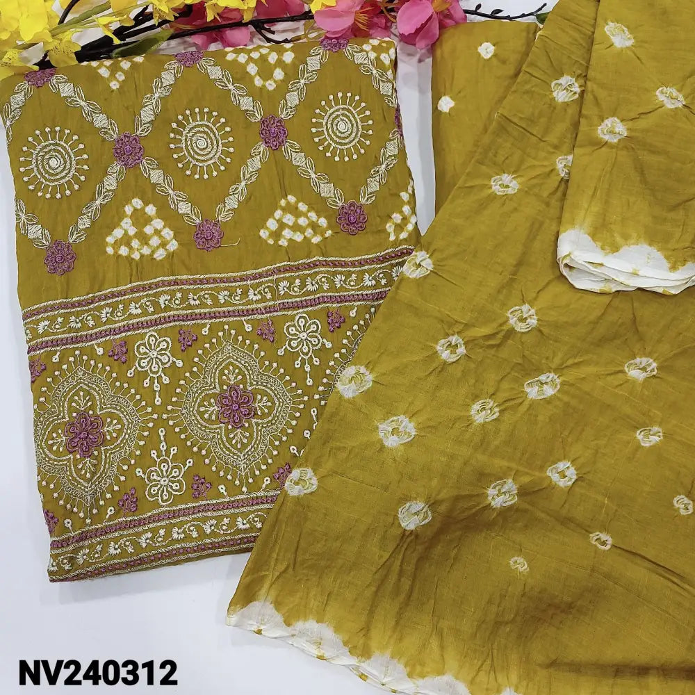 CODE NV240312: Mehandhi green pure cotton unstitched salwar material original bandhini work all over embroidered