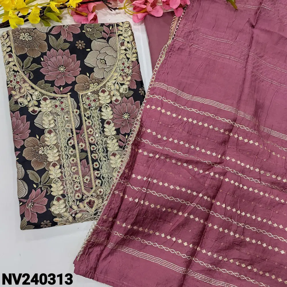 CODE NV240313: Black base floral printed silk cotton unstitched salwar material zardozi& sequins work on yoke(lining