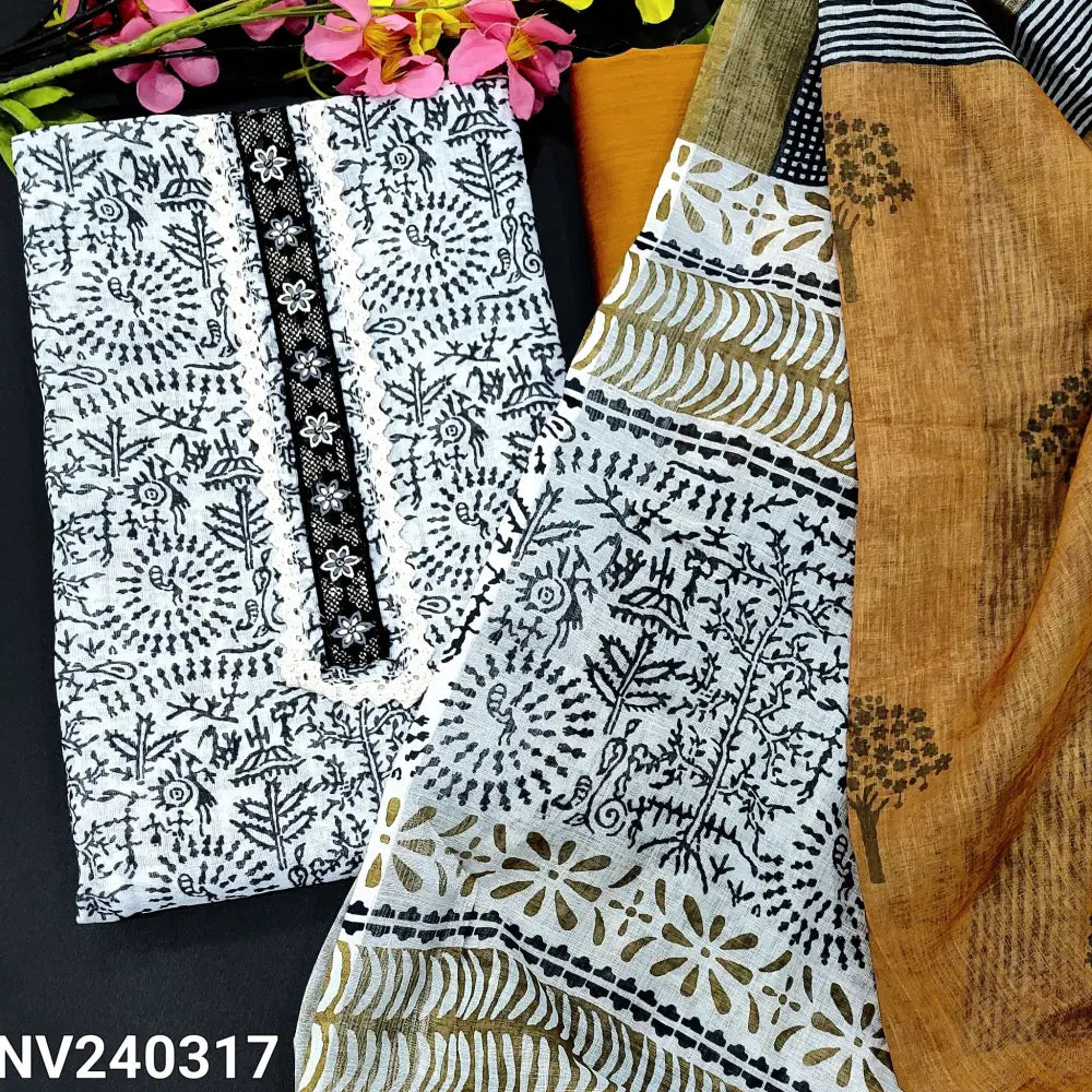 CODE NV240317: Half white base warli printed premium semi linen unstitched salwar material lace work on yoke(lining