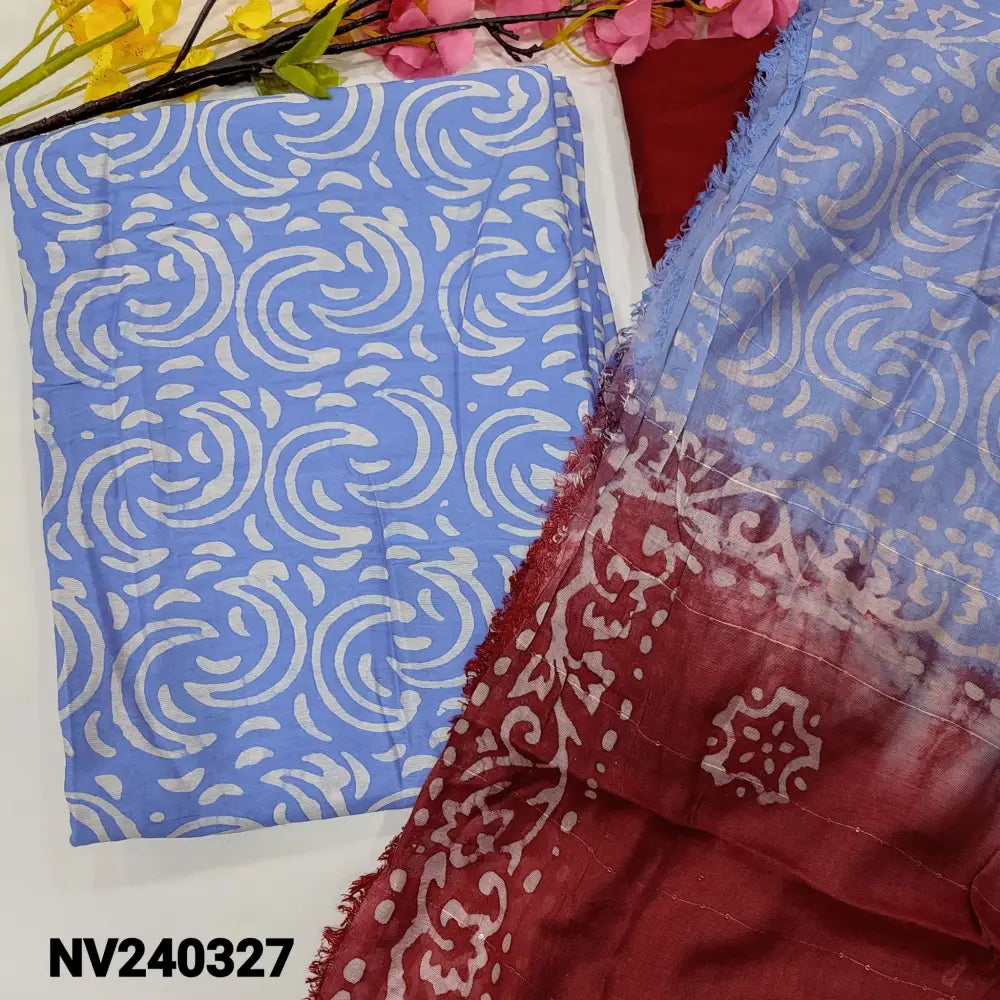 CODE NV240327: Powder blue original wax batik fancy silk cotton unstitched salwar material(lining needed)reddish maroon