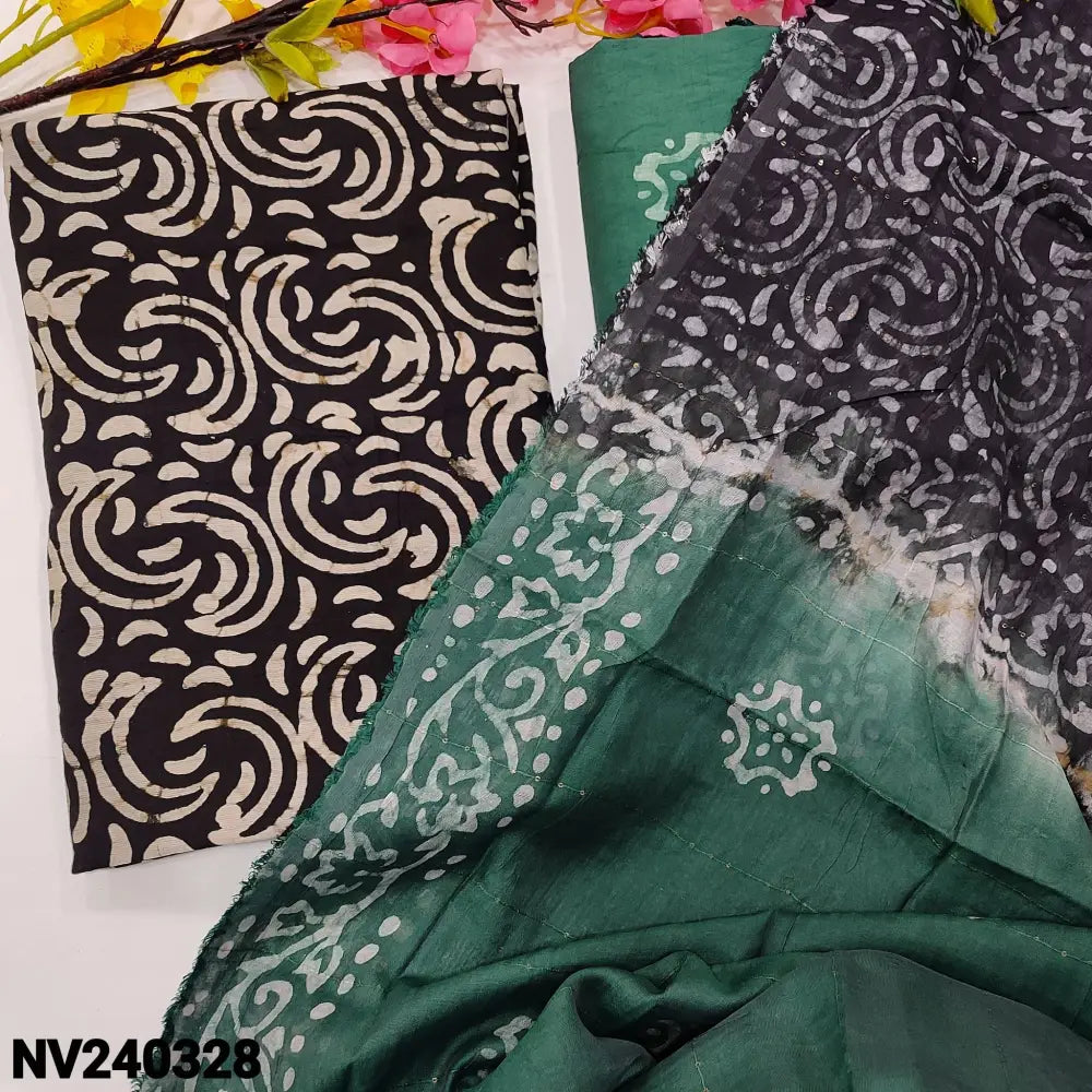 CODE NV240328: Black original wax batik fancy silk cotton unstitched salwar material(lining needed)teal green fancy