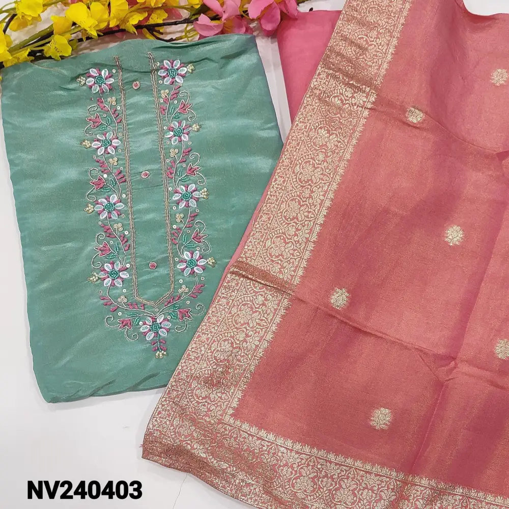 CODE NV240403: Pastel blue with golden tint designer pure tissue organza silk unstitched salwar material rich work