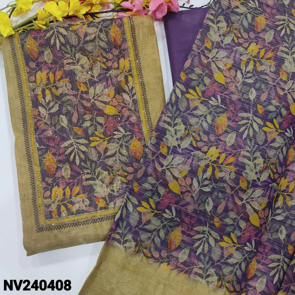 CODE NV240408: Light olive green tissue silk cotton unstitched salwar material printed yoke(thin fabric lining