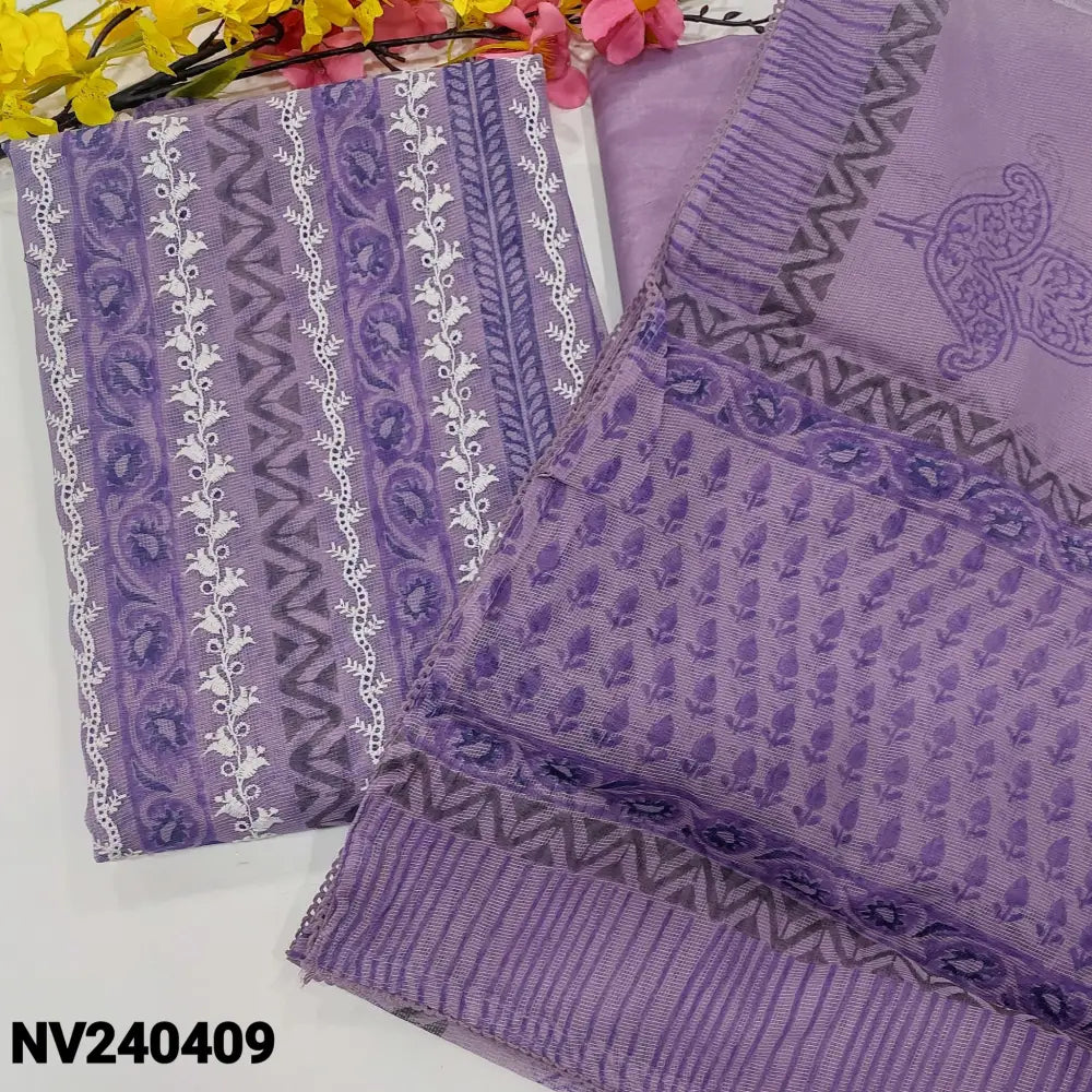 CODE NV240409: Purple block printed fancy super net unstitched salwar material embroidered on front(thin fabric lining