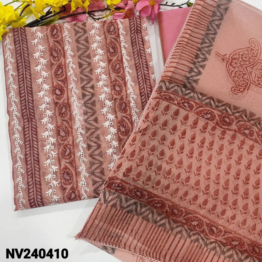 CODE NV240410: Peachish pink block printed fancy super net unstitched salwar material embroidered on front(thin fabric