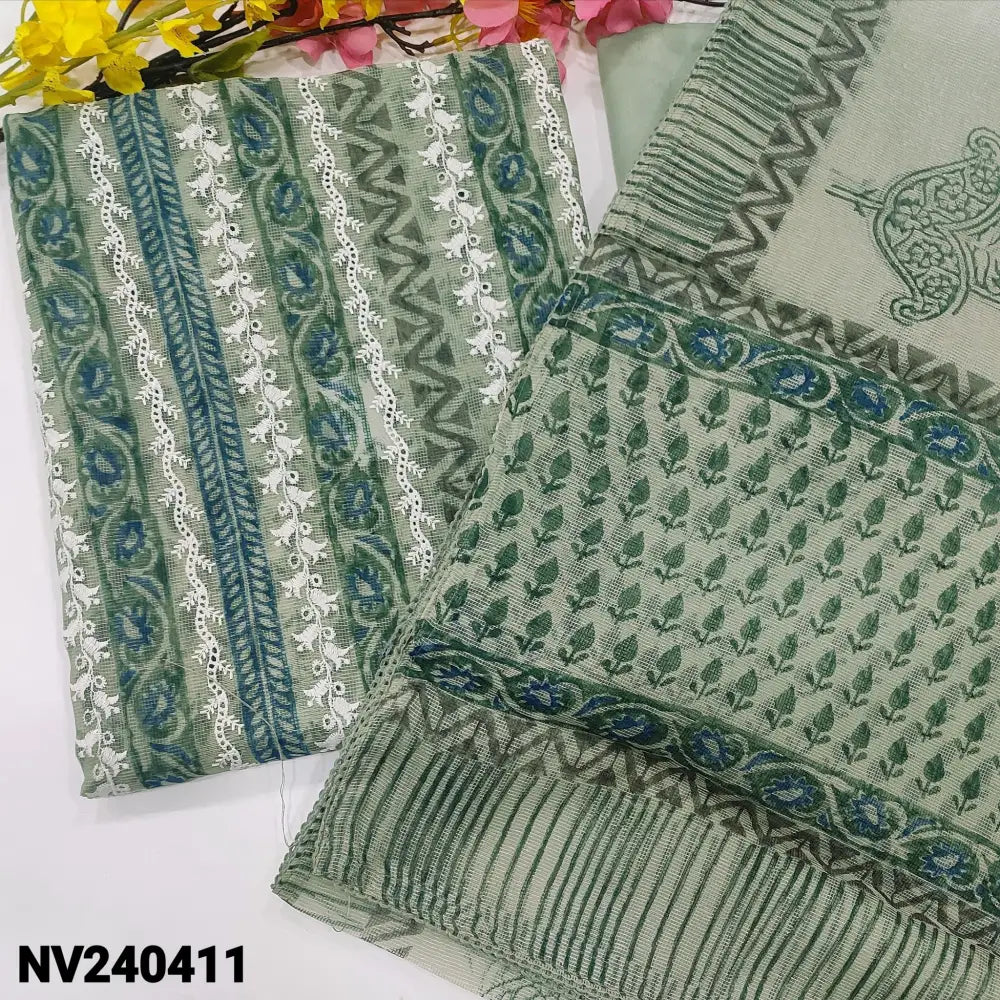 CODE NV240411: Bluish grey block printed fancy super net unstitched salwar material embroidered on front(thin fabric