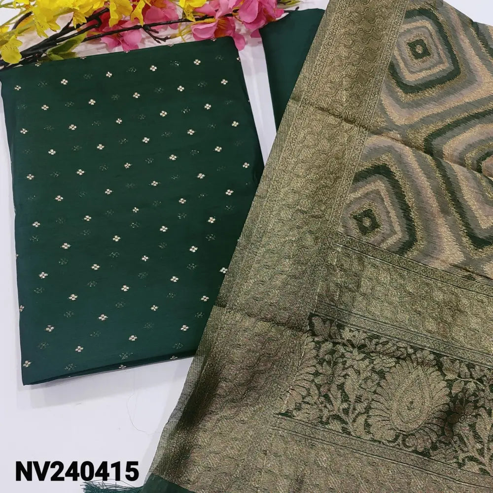 CODE NV240415: Bottle green silk cotton unstitched salwar material zari buttas all over(thin fabric lining