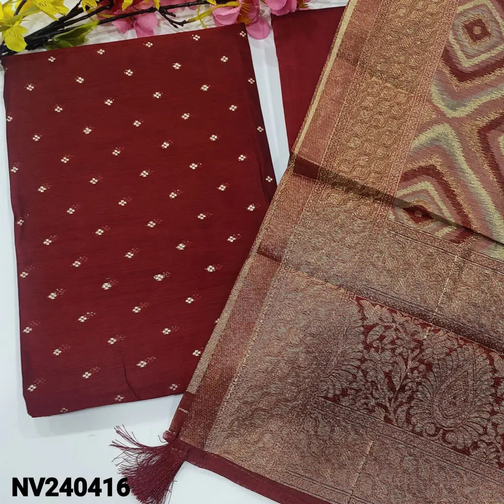 CODE NV240416: Reddish maroon silk cotton unstitched salwar material zari buttas all over(thin fabric lining
