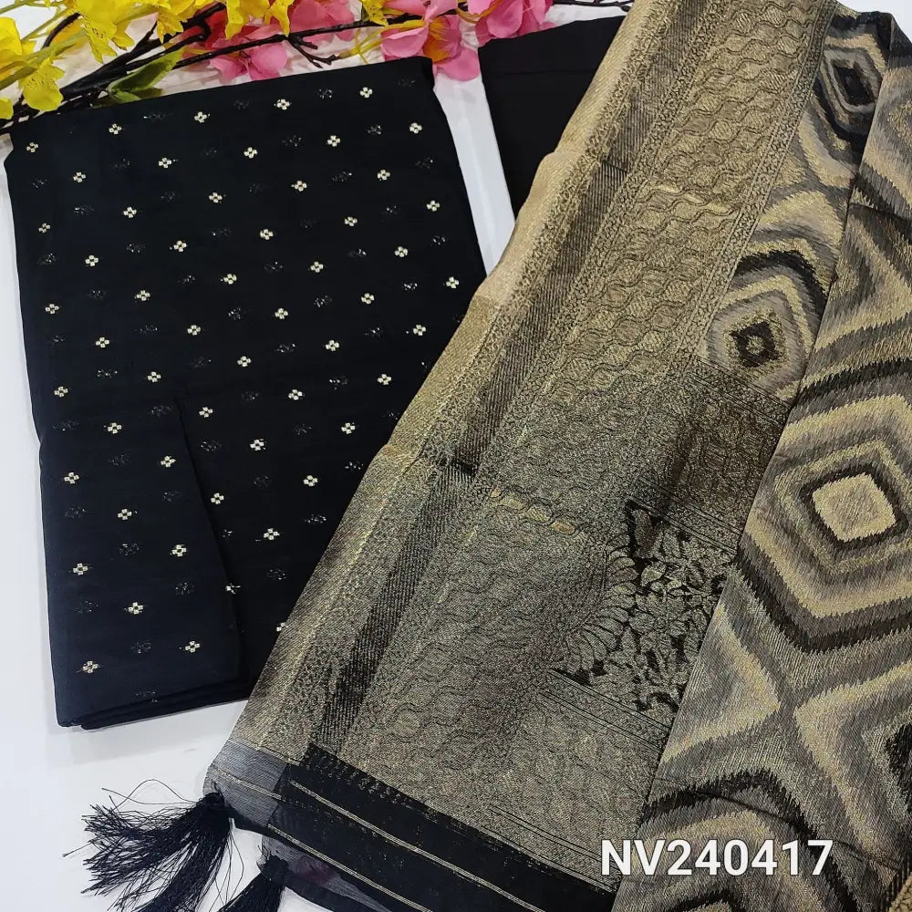 CODE NV240417: Black silk cotton unstitched salwar material zari buttas all over(thin fabric lining needed)matching