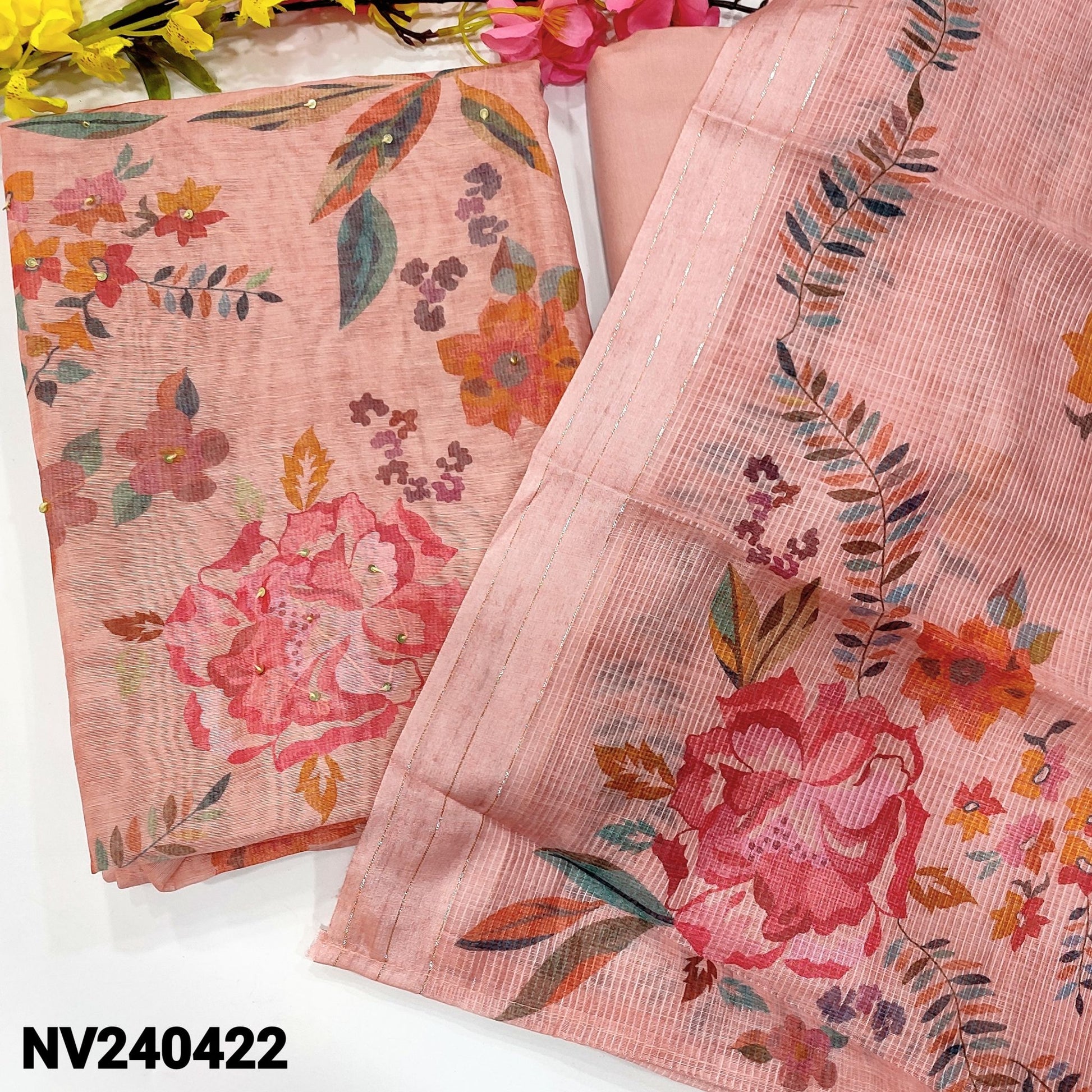 CODE NV240422: Pastel pink floral printed silk cotton unstitched salwar material sequins work on front(thin fabric