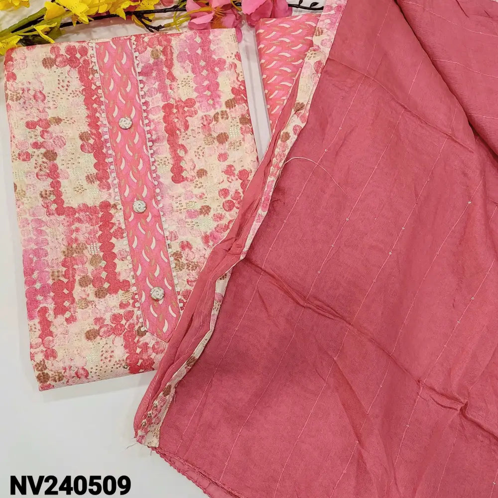 CODE NV240509: Pink printed liquid fabric unstitched salwar material fancy buttons &lace work on yoke(lining