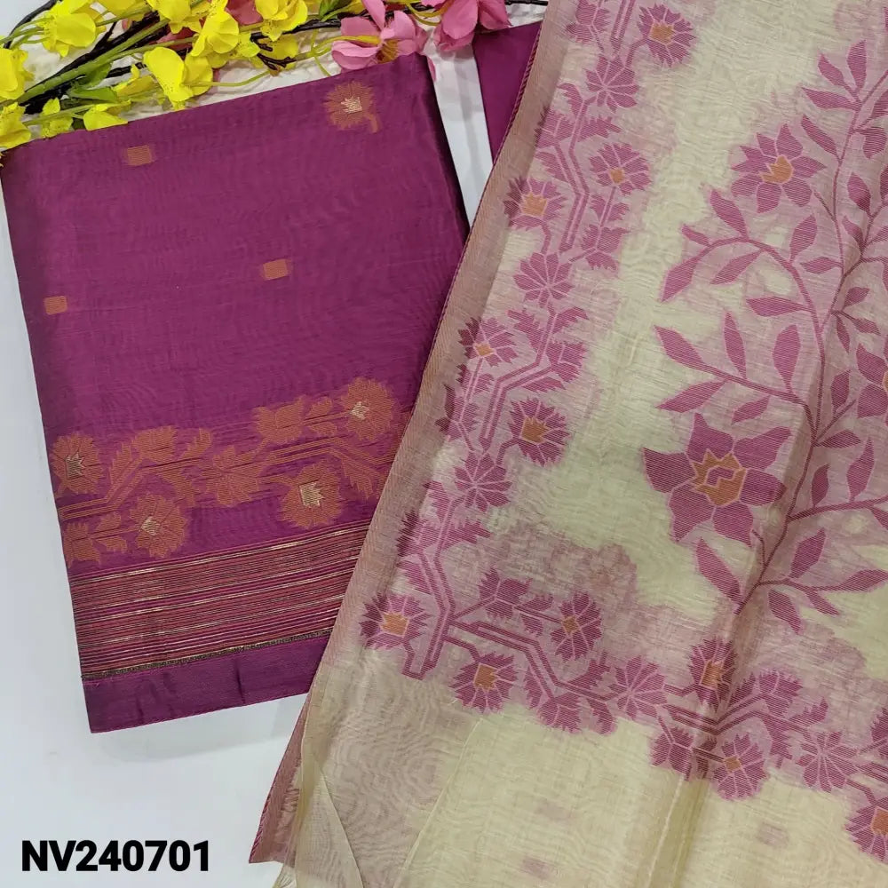 CODE NV240701: Rani pink designer jamdani woven silk cotton unstitched salwar material(thin fabric lining