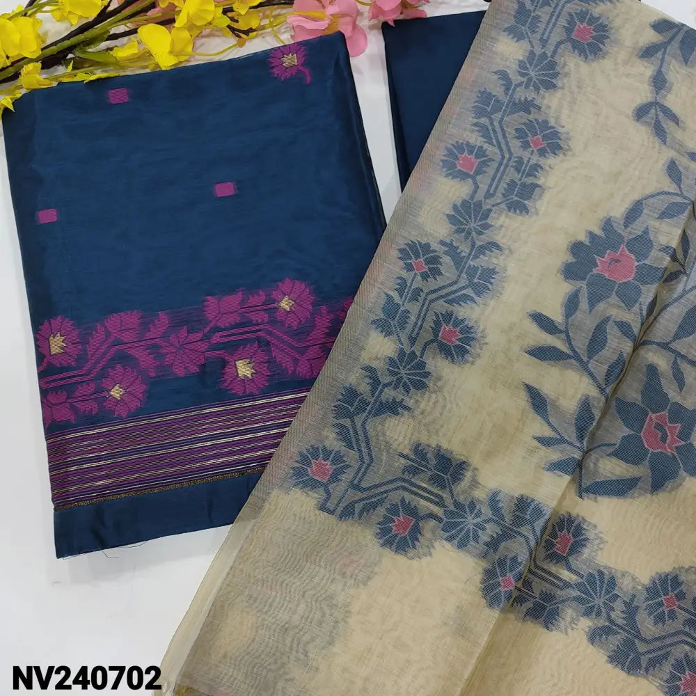 CODE NV240702: Navy blue designer jamdani woven silk cotton unstitched salwar material(thin fabric lining
