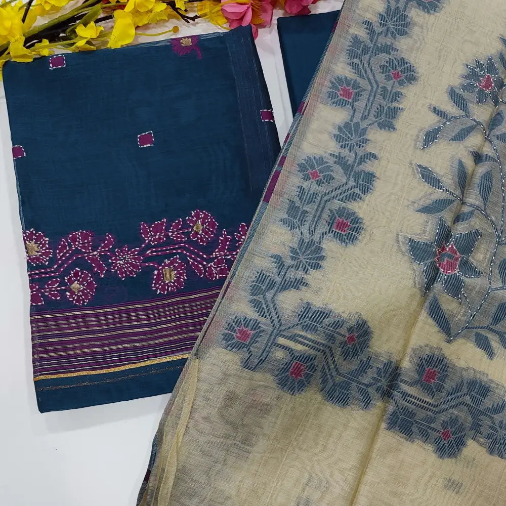 CODE NV2407021: Navy blue designer jamdani woven with rich hand kantha stitched silk cotton unstitched salwar