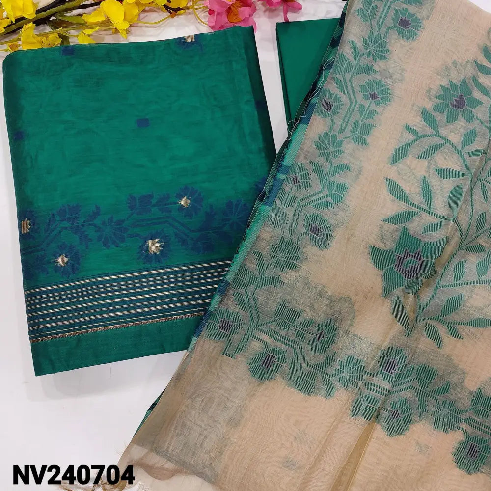 CODE NV240704: Turquoise blue designer jamdani woven silk cotton unstitched salwar material(thin fabric lining