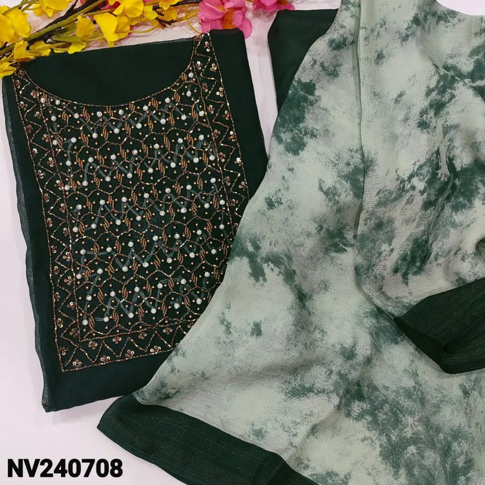 CODE NV240708: Dark teal green fancy silk cotton unstitched salwar material heavy bead work on yoke(lining