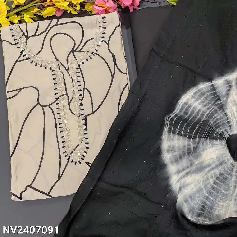 CODE NV2407091: Light beige digital printed silk cotton unstitched salwar material thread& faux mirror work