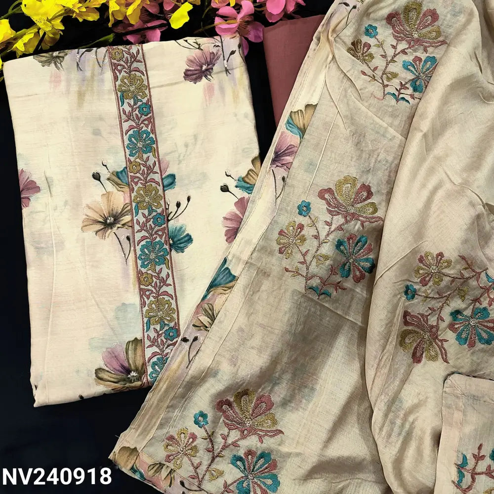 CODE NV240918: Light beige floral printed soft silk cotton unstitched salwar material embroidered on yoke(lining
