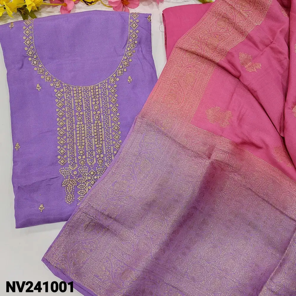 CODE NV241001: Purple designer shimmer spun silk unstitched salwar material zari& sequins work on yoke& front(lining