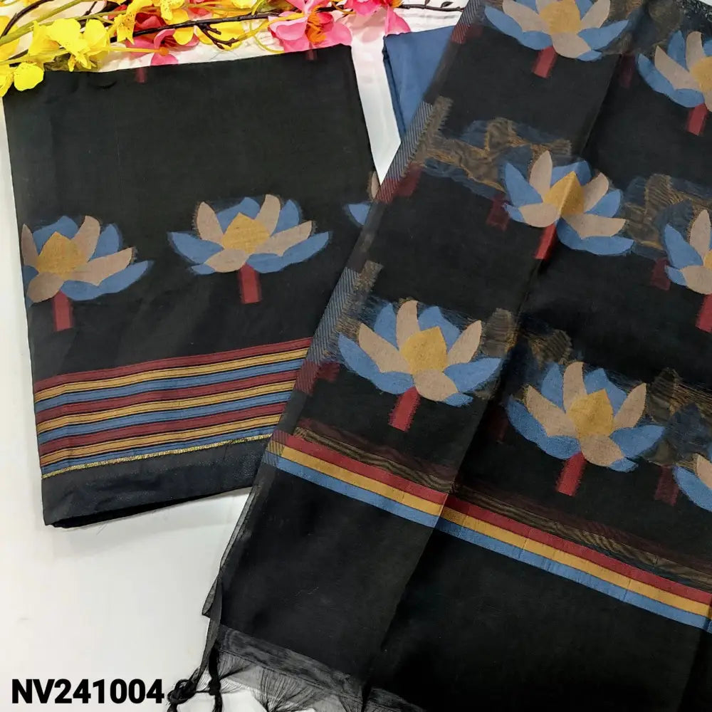 CODE NV241004: Black jamdani woven premium silk cotton unstitched salwar material(thin fabric lining needed)dark blue