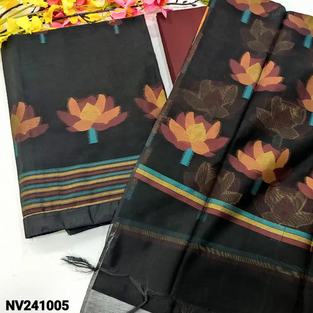CODE NV241005: Black jamdani woven premium silk cotton unstitched salwar material(thin fabric lining needed)maroon