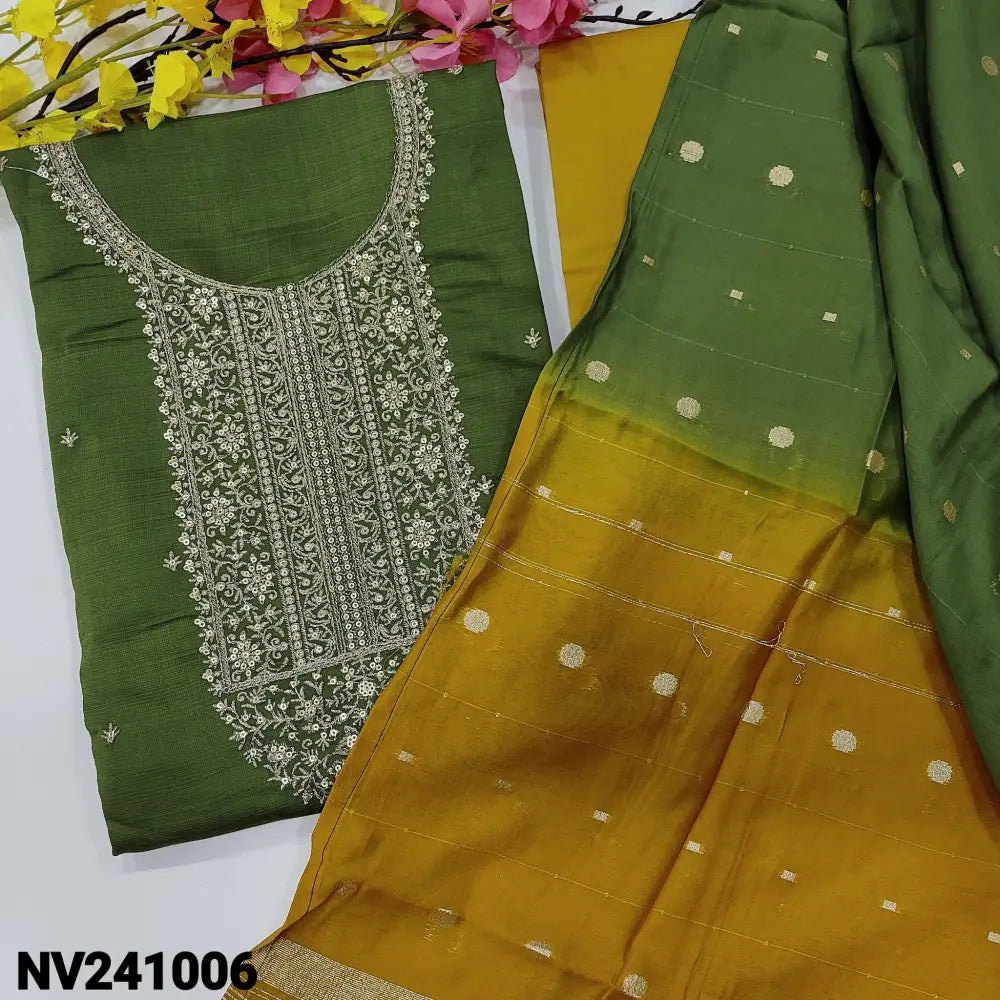 CODE NV241006: Mossy green soft spun silk cotton semi stitched salwar material heavy zari &sequins work on yoke(lining
