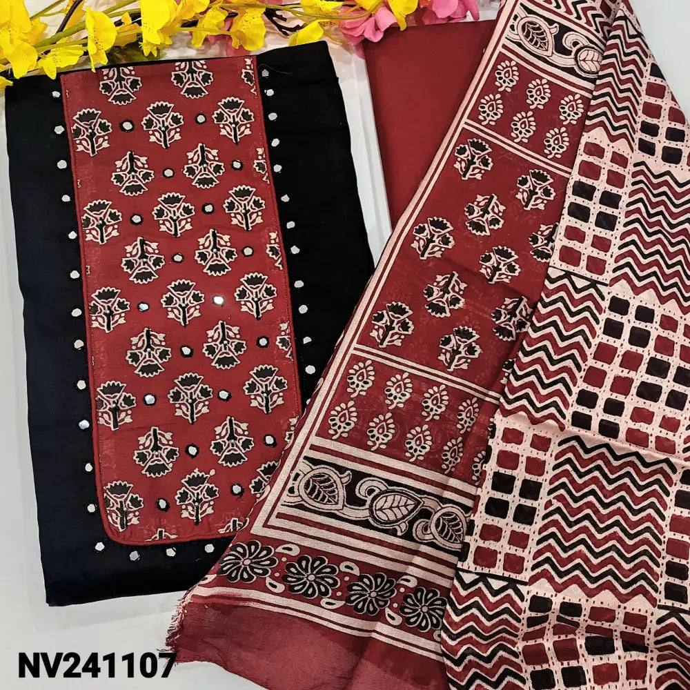 CODE NV241107: Black satin cotton unstitched salwar material printed &faux mirror work on yoke(lining optional)maroon