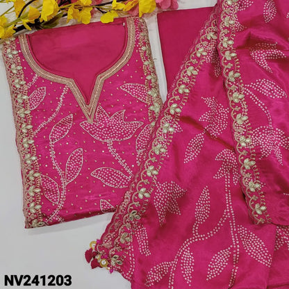CODE NV241203: Bright pink designer pure dola silk unstitched salwar material gajji silk yoke patch with heavy