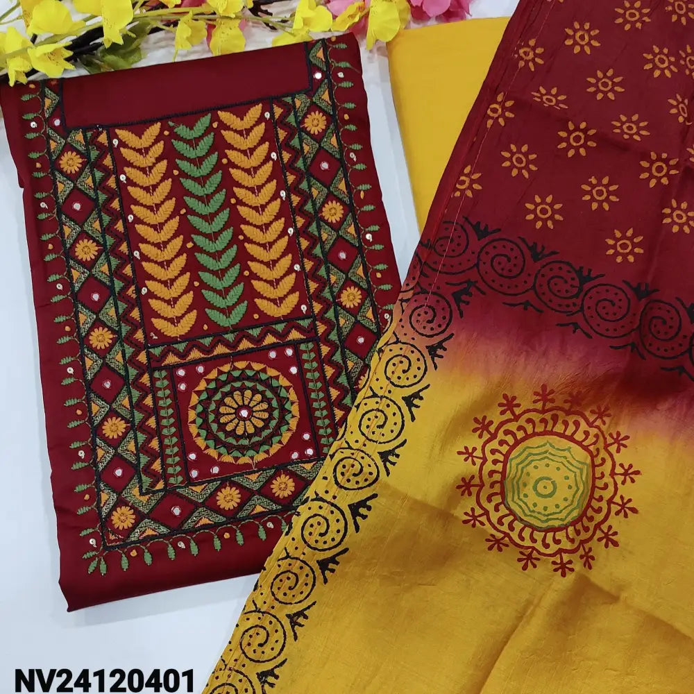 CODE NV24120401: Maroon satin cotton unstitched salwar material heavy embroidered on yoke(lining optional)mehandhi