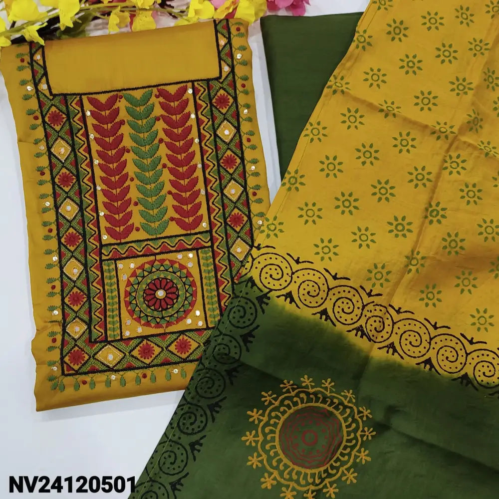 CODE NV24120501: Mehandhi yellow satin cotton unstitched salwar material heavy embroidered on yoke(lining